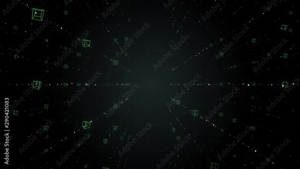 Poster abstract geometric real floating transparent cubes on the black backdrop.
