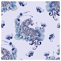 illustration white tiger design in tattoo  blue Porcelain seamless pattern elements vector with white background