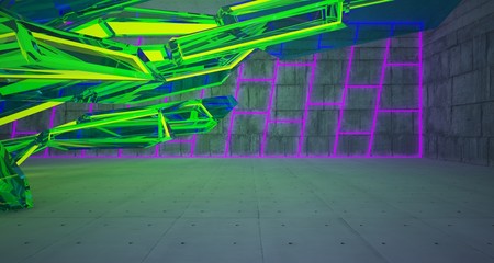 Abstract architectural concrete and glass interior of a minimalist house with color gradient neon lighting. 3D illustration and rendering.