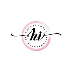 HI initial handwriting logo template. round logo in watercolor color with handwritten letters in the middle. Handwritten logos are used for, weddings, fashion, jewelry, boutiques and business