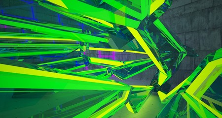 Abstract architectural concrete and glass interior of a minimalist house with color gradient neon lighting. 3D illustration and rendering.
