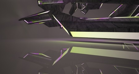 Abstract architectural concrete interior of a minimalist house with color gradient neon lighting. 3D illustration and rendering.