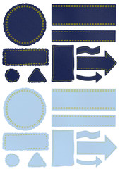 This figure is a denim material speech bubbles, icons and arrows.