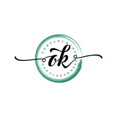 OK initial handwriting logo template. round logo in watercolor color with handwritten letters in the middle. Handwritten logos are used for, weddings, fashion, jewelry, boutiques and business