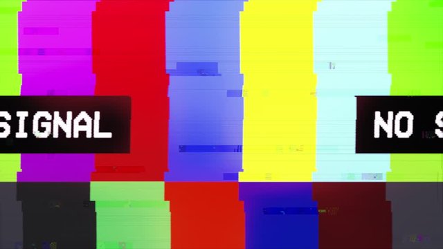 Intentional glitch distortion fx: a test pattern from a tv transmission, with colorful rotating bars, a black box and the warning text No signal.