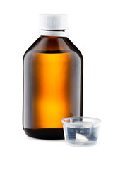 Glass brown bottle of medicine isolated on white background