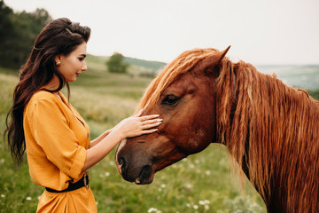 Outdoor shot of a young beautiful woman playing with a horse on a field. Charming brunette touching face of a horse.