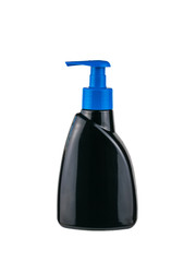 Black bottle with blue lid from under liquid soap isolated on white background.