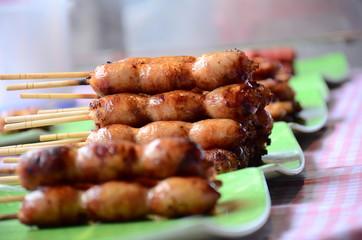 Thai sausages on sale at the market, The grill Thai sausages, Thai street food