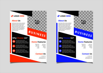Business flyer template design vector, A4 brochure layout with geometry orange and indigo blue colour for company poster, annual report cover, and leaflets