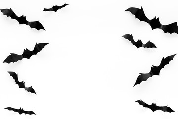 Bats cutout on Halloween frame on white table top view space for text