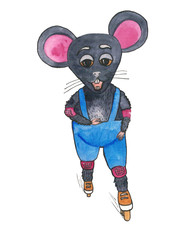 .Watercolor hand-drawn children's illustration of a roller mouse. Fictional character. Multi-colored drawing. For greeting card print congratulation print cover sticker