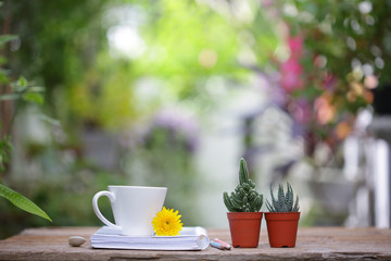 White coffee cup with small cactus plant in brown pot and flowers with diary notebooks on wooden table 