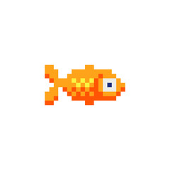 Fish character, aquarium fish logo pixel art icon. Isolated vector illustration. Design elements for logo, sticker and mobile application.