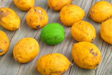 Yellow lemons are scattered on an old wooden background.