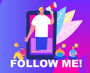 Social media marketing reaching potential customers. Follow me concept. Blogger calls to subscribe to his video channel. Vector isolated illustration cartoon with people. Hero image for website.