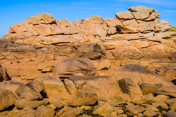 Granite pink boulders near Plumanach. The coast of Pink Granite is a unique place in Brittany. France