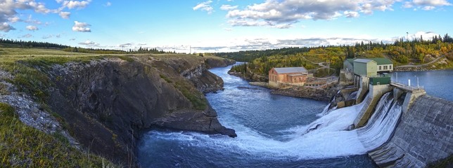 Panoramic View of Horseshoe Falls Dam at Bow River, Rocky Mountains Foothills west of Calgary.  Massive Concrete Structure was the first sizeable hydroelectric facility in Alberta, Canada