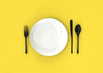 3D white Plate,  black spoon, knife and fork on yellow background.