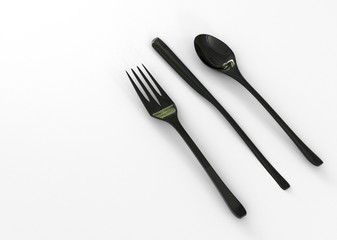 Black fork, knife and spoon isolated on white background. 3d rendering.