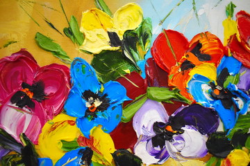 Fototapeta na wymiar Fragment of an oil painting. Drawn bright multi-colored flowers. Abstract colorful background