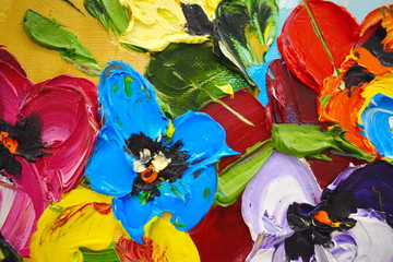 Fototapeta na wymiar Fragment of an oil painting. Drawn bright multi-colored flowers. Abstract colorful background