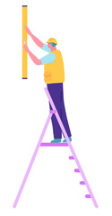 construction worker check the level on the wall standing on a ladder. Flat style. Concept illustration with colored characters.