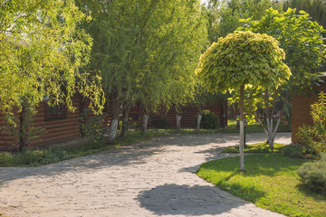 Park alleys with green spaces and trees