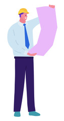 roll paper man reflective vest helmet. architect considers drawings on whute background. Flat style. Concept illustration with colored characters.