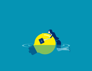 Drowning light bulb. Concept business idea vector illustration, Falling thoughts, Helping