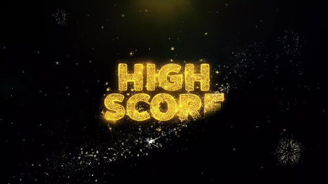 High Score Text on Gold Glitter Particles Spark Exploding Fireworks Display. Sale, Discount Price, Off Deals, Offer Promotion Offer Percent Discount ads 4K Loop Animation.