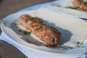 juicy kebab with sweet onions on a white platter