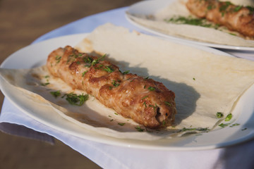 juicy kebab with sweet onions on a white platter