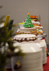 decorative christmas cake with marzipan an a christmas tree made of sugar icing on a christmas family party.