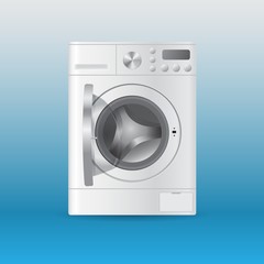 Vector realistic automatic white empty washing-machine with front-loading clothes with open door isolated on blue background. 3D illustration.
