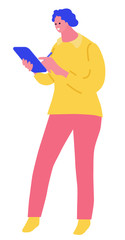 woman draws in the tablet. Technology and internet. Vector flat illustration concept