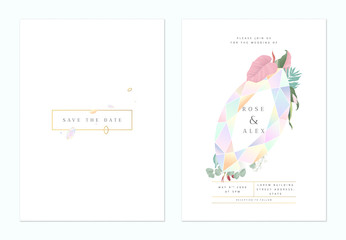 Minimalist botanical wedding invitation card template design, marquise  shaped cut gemstone decorated with leaves on white, pastel theme