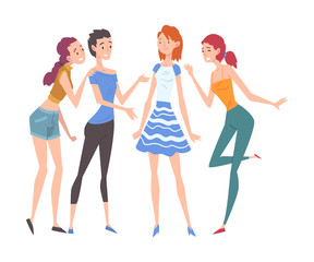 Beautiful Girls Dressed in Trendy Clothes Standing and Talking to Each Other, Group of Girlfriends, Female Friendship Vector Illustration