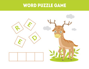 Deer, Word Puzzle Game, Educational Game for Preschool Kids, Place the Letters in Right Order Vector Illustration