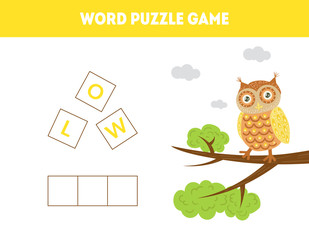 Owl, Word Puzzle Game, Educational Game for Preschool Kids, Place the Letters in Right Order Vector Illustration