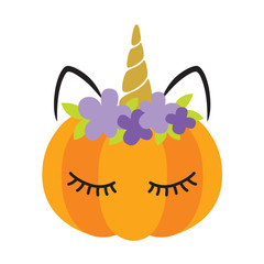 Vector illustration of a pumpkin with cute unicorn face.
