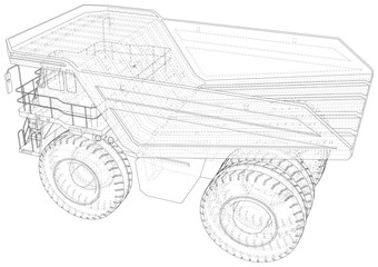 Dump truck. Vector rendering of 3d. Wire-frame style. The layers of visible and invisible lines are separated.