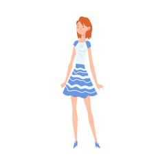 Smiling Red Haired Girl Wearing Blue and White Dress Cartoon Vector Illustration