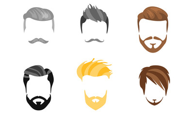 Different Male Hairstyles, Beards and Mustaches, Types of Haircuts, Hipster Man Style Vector Illustration