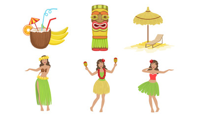 Collection of Traditional Symbols of Hawaiian Culture, Coconut Cocktail, Tiki Mask, Straw Umbrella, Beautiful Girls Dancing in Traditional Costume Vector Illustration