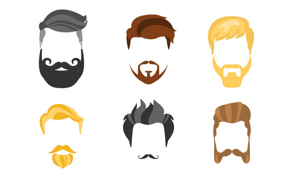 Different Male Hairstyles, Beards and Mustaches, Hipster Haircuts Vector Illustration
