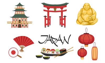 Collection of Japan Traditional Cultural Symbols, Travel to Asia Design Elements Vector Illustration