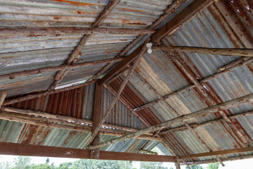 Interior view of wooden roof structure. Roof structure.