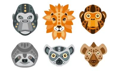 Fotobehang Collection of Animal Heads with Tribal Ethnic Ornament, Monkey, Lion, Gorilla, Sloth, Lemur, Coyote Vector Illustration © topvectors