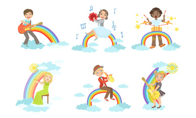 Children Playing Musical Instruments while Sitting on Rainbow Set, Boys and Girls Playing Guitar, Tambourine, Drum, Harp, Saxophone Vector Illustration